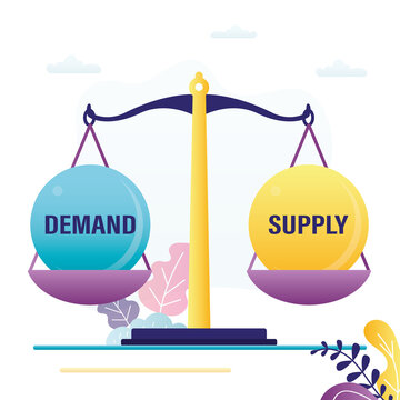 Balance of supply and demand on scales. Concept of equilibrium price, microeconomics