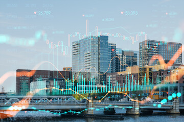 Panorama city view of Boston Harbor at day time, Massachusetts. Building exteriors of financial downtown. Glowing FOREX graph hologram. The concept of international trading and fundamental analysis