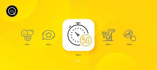Fototapeta na wymiar 5g internet, Painter and Favorite chat minimal line icons. Yellow abstract background. Graph chart, Smile icons. For web, application, printing. Fast transmission, Paint brush, Best bubble. Vector