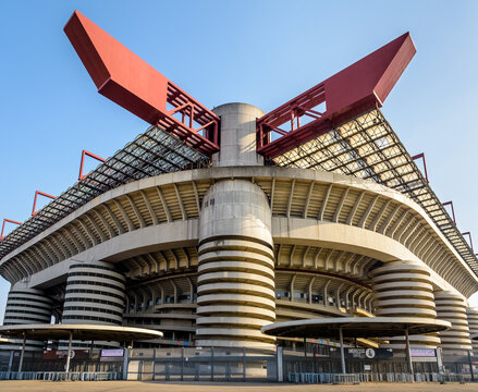 Milan, Italy - March 28, 2022: Low angle view of the structure of the San Siro football stadium, home stadium of both Inter Milan and AC Milan football clubs with a capacity of 80 000 spectators.