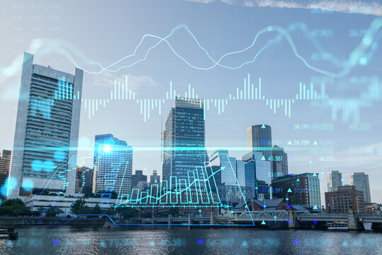 Panorama city view of Boston Harbor at day time, Massachusetts. Building exteriors of financial downtown. Glowing FOREX graph hologram. The concept of international trading and fundamental analysis