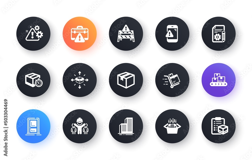 Poster Minimal set of Parcel, Packing boxes and Entrance flat icons for web development. Warning road, Warning message, Inventory cart icons. Engineering team, Documentation. Circle buttons with icon. Vector