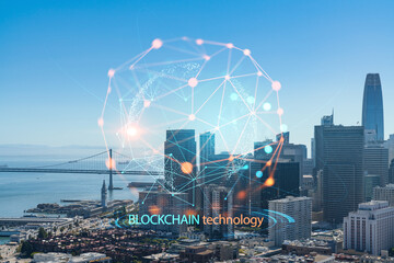 Fototapeta na wymiar San Francisco skyline from Coit Tower to Financial District and residential neighborhoods, California, US. Decentralized economy. Blockchain, cryptography and cryptocurrency concept, hologram