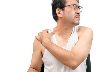 A middle aged man in white veat suffering from neck and shoulder pain