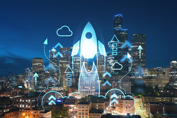 Illuminated aerial cityscape of Seattle, downtown at night time, Washington, USA. Startup company, launch project to seek and develop scalable business model, hologram