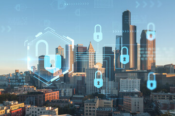 Fototapeta na wymiar Seattle aerial skyline panorama of downtown skyscrapers at sunrise, Washington USA. The concept of cyber security to protect confidential information, padlock hologram