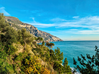 Panoramic view from hiking trail path of the gods connecting coastal towns Positano and Praiano. Hiking in Lattari Mountains, Apennines, Amalfi Coast, Campania, Italy, Europe. Mediterranean Sea