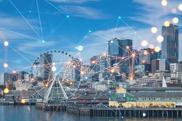 Seattle skyline with waterfront view. Skyscrapers of financial downtown at day time, Washington, USA. Social media hologram. Concept of networking and establishing new people connections