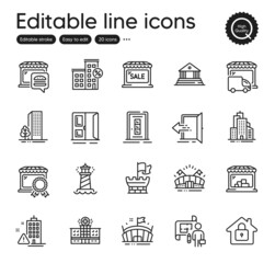 Set of Buildings outline icons. Contains icons as Door, Lighthouse and Arena elements. Skyscraper buildings, Open door, Food market web signs. Market, Buildings, Sports arena elements. Vector