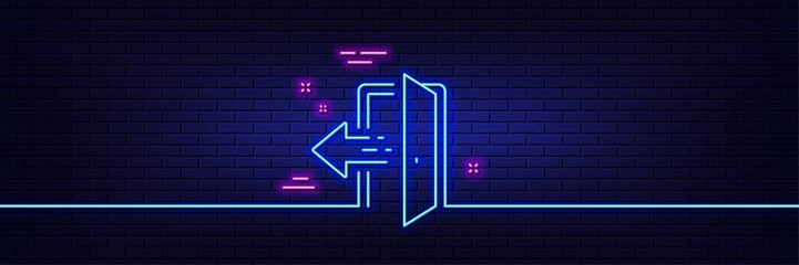 Neon light glow effect. Entrance line icon. Entry door sign. Building exit symbol. 3d line neon glow icon. Brick wall banner. Entrance outline. Vector