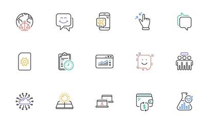Fototapeta premium Wallet, Smile and Magistrates court line icons for website, printing. Collection of Exam time, Sun energy, File management icons. Outsource work, Messenger, Smile face web elements. Vector