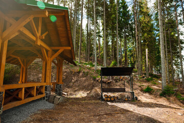 Metal barbecue with stacked firewood and wooden gazebo near forest on sunny day