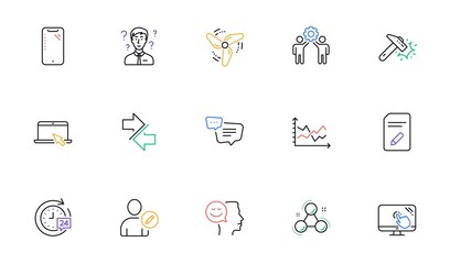Edit document, Good mood and Synchronize line icons for website, printing. Collection of Portable computer, 24h delivery, Hammer blow icons. Edit user, Diagram chart, Text message web elements. Vector