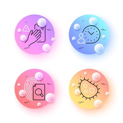 Dont touch, Inspect and Time management minimal line icons. 3d spheres or balls buttons. Bacteria icons. For web, application, printing. Clean phone, Search document, Work time. Antibacterial. Vector