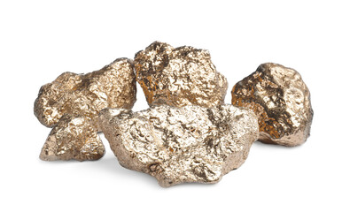 Many shiny gold nuggets on white background