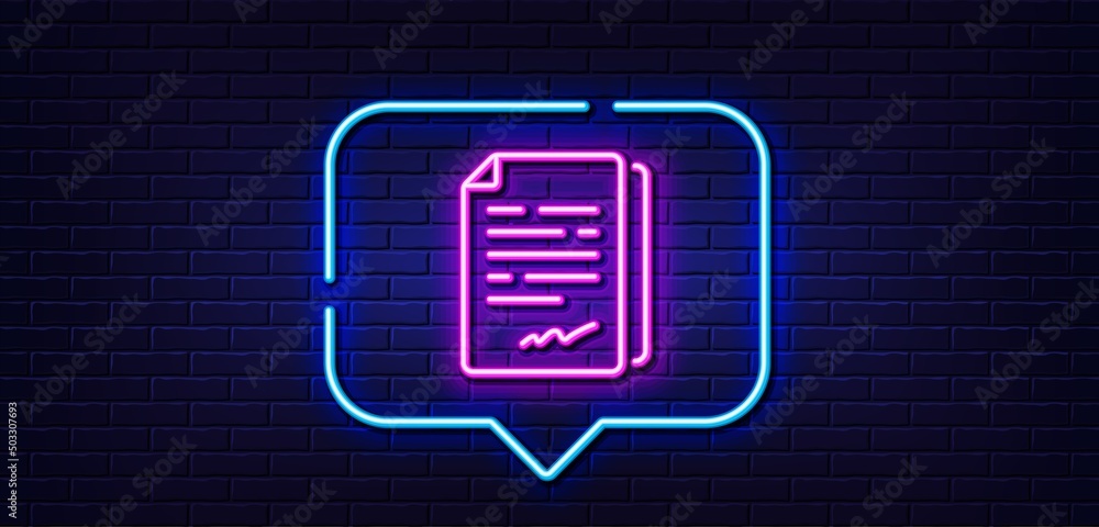 Poster neon light speech bubble. document signature line icon. agreement doc file sign. office note symbol.
