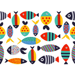 Vector seamless horizontal border with fish. Cute illustration. 