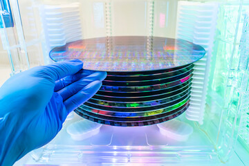 Gloved Hand Holding a Silicon Wafer in plastic holder box