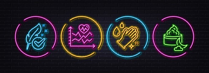 Cardio training, Hypoallergenic tested and Washing hands minimal line icons. Neon laser 3d lights. Night cream icons. For web, application, printing. Fitness statistics, Feather, Gloves. Vector