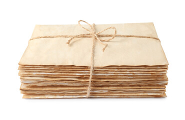 Stack of old letters wrapped with twine on white background