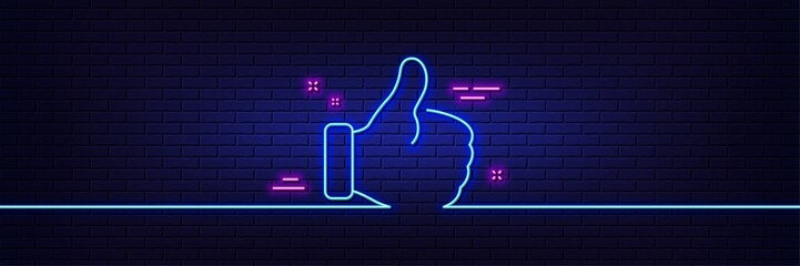 Neon light glow effect. Like line icon. Thumbs up sign. Positive feedback, social media symbol. 3d line neon glow icon. Brick wall banner. Like outline. Vector