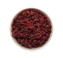 Dried red currants in bowl isolated on white, top view