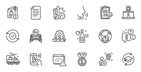 Outline set of Best rank, Computer fingerprint and Eu close borders line icons for web application. Talk, information, delivery truck outline icon. Vector