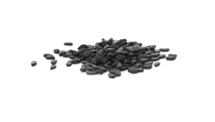 Heap of black sesame seeds on white background