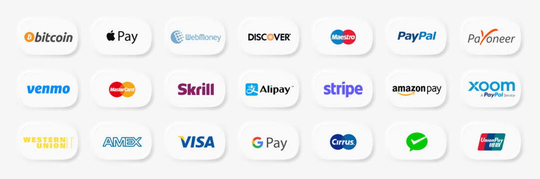 Skrill, Payoneer, PayPal, Mastercard, Amazon pay, Discover, Bitcoin, Alipay, Webmoney, Stripe, Venmo, Xoom, Wechat, Maestro - payment systems. App pay icon. Apple Store button. Kyiv, Ukr - May 3, 2022