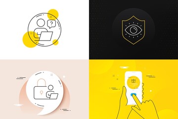 Minimal set of Online question, Eye protection and Loyalty program line icons. Phone screen, Quote banners. Lock icons. For web development. Remote work, Optometry, Gift. Online security. Vector