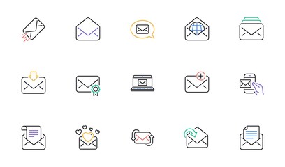 Mail message line icons. Newsletter, E-mail, Correspondence. Communication linear icon set. Bicolor outline web elements. Vector