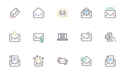 Mail message line icons. Newsletter, E-mail, Correspondence. Communication linear icon set. Bicolor outline web elements. Vector