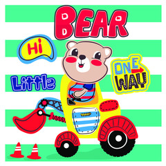Cute bear  and truck  Let's do some work slogan graphic with vector, digger illustration for boys and babies t-shirt  and other uses Striped background.