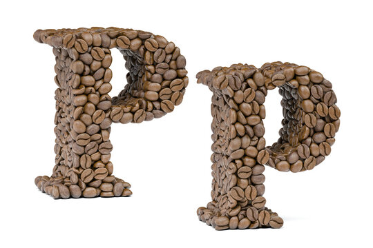 Letter P from coffee bean isoilated on white. Coffee alphabet font.