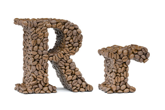 Letter R from coffee bean isoilated on white. Coffee alphabet font.