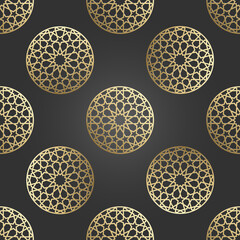 Islamic ornament vector, persian motiff. 3d ramadan islamic round pattern elements. Geometric circular ornamental arabic symbol vector. Gold background