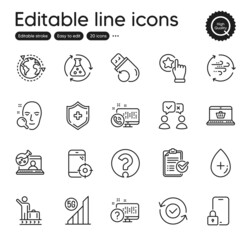 Set of Technology outline icons. Contains icons as Face search, Wind energy and Medical shield elements. Survey checklist, Online quiz, Rate button web signs. People voting, Lock. Vector