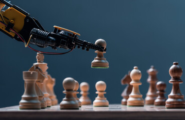 Close-up view of robot playing chess