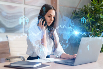 Attractive businesswoman in white shirt has conference call to hire new employees for international business consulting. HR, social media hologram icons over office background