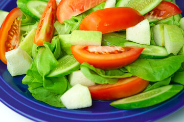 Salad with difference lettuce cucumber tomatoes and baked chicken breast 