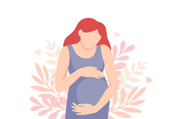 Pregnant woman. Motherood vector concept. Happy pregnant woman holds her belly