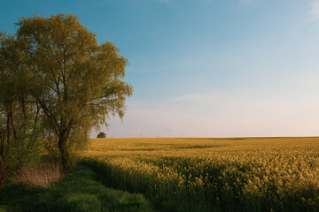 Fototapeta na wymiar Fields of rape with blue sky, springtime, landscape in Thuringia