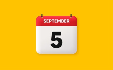 Calendar date 3d icon. 5th day of the month icon. Event schedule date. Meeting appointment time. Agenda plan, September month schedule 3d calendar and Time planner. 5th day day reminder. Vector