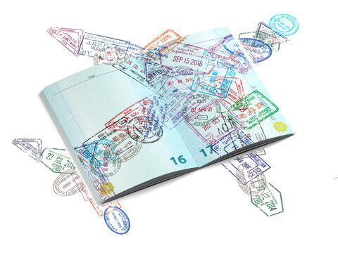 Passport stamps of different visa country in form of a airplane. Travel, tourism and immigration concept background.