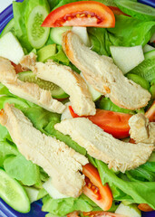 Salad with difference lettuce cucumber tomatoes and baked chicken breast in blue dish on isolates white background