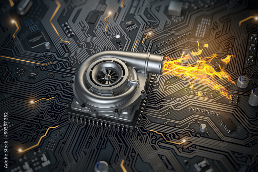 Poster CPU microchip turbocharger with fire flame on computer motherboard. Processor overclocking concept background.