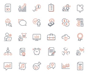 Education icons set. Included icon as Musical note, Verification person and Financial diagram web elements. Certificate diploma, Lightning bolt, Puzzle icons. Technical info, Accounting. Vector