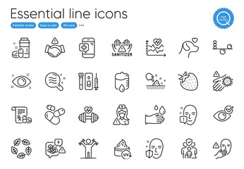 Capsule pill, Cardio training and Face attention line icons. Collection of Uv protection, Stress, Health eye icons. Medical phone, Family insurance, Blood and saliva test web elements. Vector