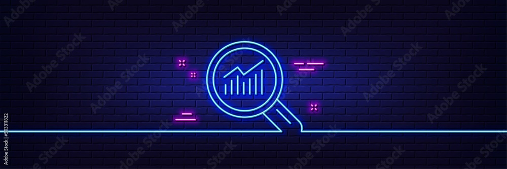 Poster neon light glow effect. chart line icon. report graph or sales growth sign in magnifying glass. anal