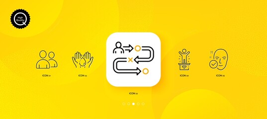 Fototapeta na wymiar Users, Health skin and Winner podium minimal line icons. Yellow abstract background. Wash hands, Journey path icons. For web, application, printing. Couple of people, Clean face, First place. Vector